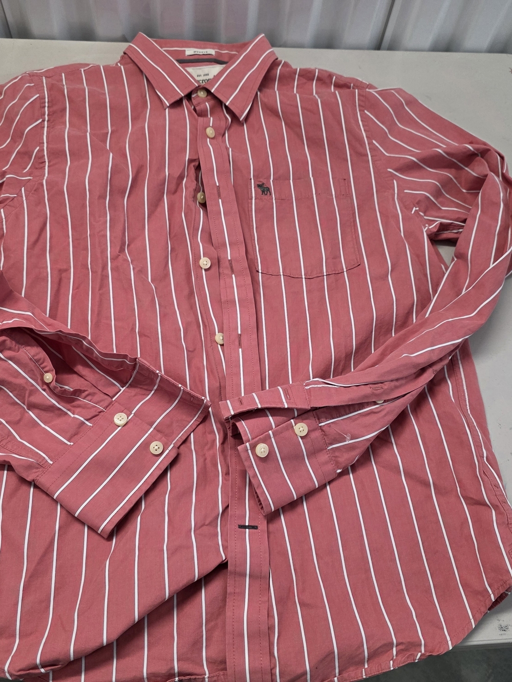 Abercrombie & Fitch Men's Coral-Red Stripe Button-Down Shirt